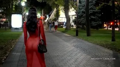 Public wearing red transparent dress
